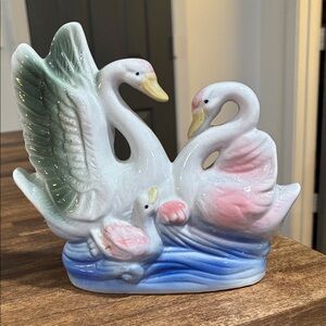 Porcelain Swan Family Figurine - Pastel Pink, Blue & Green